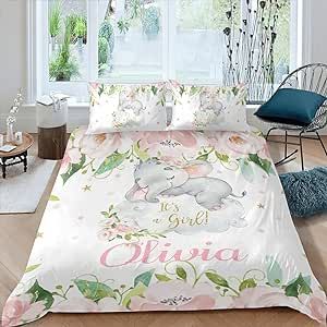 CUXWEOT Pink Blush Floral Baby Elephant Personalized Name Sherpa Fleece Quilt Cover Bedding Set Bedclothes with 1 Duvet Cover + 2 Pillowcases Queen Size