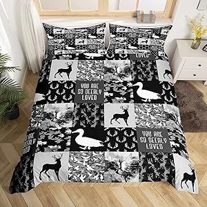 Camouflage Style Bedding Set Twin Size Jungle Rainforest Animal Deer Antler Merry Christmas Bedclothes for Bedroom Decor Black White Farmhouse Checker Patchwork Comforter Cover with 1 Pillowcase
