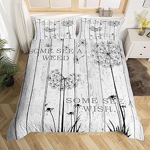 Homewish Rustic Wooden Duvet Cover for Boys,Girls Dandelion Comforter Cover Full Size,Grey Wood Plank Bedding Set Kids Teen Room Decor Bed Cover,Barn Farmhouse Bedclothes with Zipper