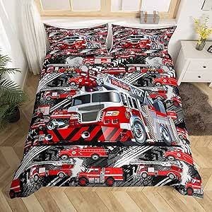 Fire Truck Duvet Cover for Boys,Girls Red Fire Engine Comforter Cover Full Size,Car Vehicle Print Bedding Set Kids Teen Room Decor Bed Cover,Fire Fighting Truck Bedclothes with Zipper