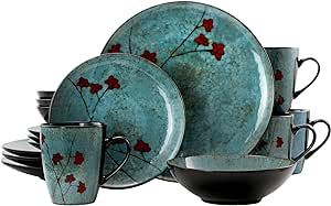 Elama Round Stoneware Floral Dinnerware Dish Set, 16 Piece, Blue with Red Accents