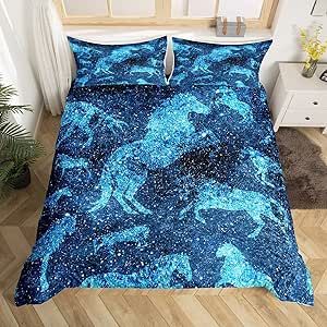 Horse Bedding Set Kids Blue Universe Galaxy Comforter Cover Set for Boys Girls Watercolor Outer Space Galloping Horse Duvet Cover Breathable Starry Sky Bedspread Cover Bedroom Bedclothes Twin Size