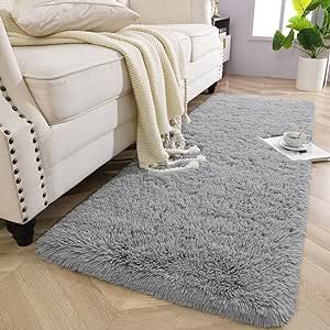 Kimicole Grey Area Rug for Bedroom Living Room Carpet Home Decor, Upgraded 2x6 Cute Fluffy Rug for Apartment Dorm Room Essentials for Teen Girls Kids, Shag Nursery Rugs for Baby Room Decorations