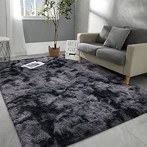 Hutha 4x6 Large Area Rugs for Living Room, Super Soft Fluffy Modern Bedroom Rug, Tie-Dyed Dark Grey Indoor Shag Fuzzy Carpets for Girls Kids Nursery Room Home Decor