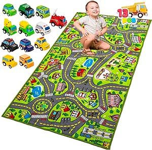 JOYIN Kids Play Rugs - 12 Pull-Back Vehicle Set - Durable Carpet Playmat Rug - City Pretend Play - Toddler Car Track Rug
