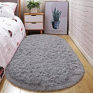 junovo Oval Fluffy Ultra Soft Area Rugs for Bedroom Plush Shaggy Carpet for Kids Room Bedside Nursery Mats, 2.6 x 5.3ft, Grey