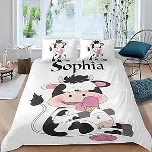 CUXWEOT Cute Baby Cow Cartoon Personalized Name Sherpa Fleece Quilt Cover Bedding Set Bedclothes with 1 Duvet Cover + 2 Pillowcases King Size