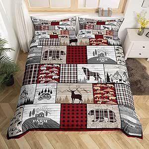 Plaid Deer Elk Bear Wolf Bedding Set for Girls Boys Rustic Cabin Farm Forest Camping Hunting Comforter Cover Farm Forest Duvet Cover Farmhouse Lodge Bedspread Cover Queen Size Bedclothes Zipper