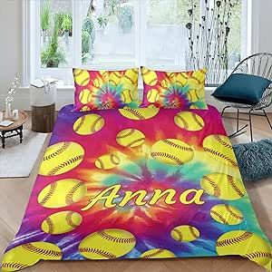 Tie Dye Softball Sherpa Fleece Quilt Cover Personalized Name Bedding Set Bedclothes with 1 Duvet Cover + 2 Pillowcases Twin Size