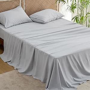 Bedsure King Sheet Set - Rayon Derived from Bamboo & Polyester Cooling Sheets, Deep Pockets Fits Up to 16", Wrinkle Free Soft Sheets for Kids, 1 Flat Sheet,1 Fitted Sheet & 2 Pillowcases - Grey