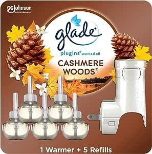 Glade PlugIns Refills Air Freshener Starter Kit, Scented and Essential Oils for Home and Bathroom, Cashmere Woods, 3.35 Fl Oz, 1 Warmer + 5 Refills