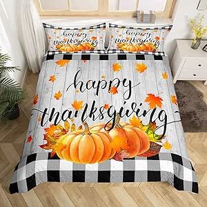 Pumpkin Maple Leaves Comforter Cover Queen, Happy Thanksgiving Bedding Set for Kids Boys Girls 0 Duvet Cover Pumpkin Fall Bedspread Cover Rustic Farmhouse Plaid Room Decor Breathable Bedclothes