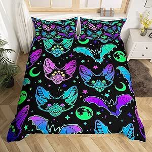 Starry Sky Duvet Cover Gothic Bats Comforter Cover Blue Teal Galaxy Bedding Set Full for Kids Child Toddler,Colorful Colored Stars Moon Bedclothes Sugar Skull Skeleton Halloween Bedroom Decor