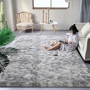 DweIke Fluffy Area Rugs for Bedroom Living Room, 4x6 Feet Indoor Carpets for Boys Girls Teenagers and Adults, Tie-Dyed Fuzzy Plush Rugs, Super Soft Kids' Rugs, Nursery Decor Rugs, Light Grey