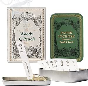 OPTATUM Paper Incense Kit for Room Fragrance - 48pcs, Vintage Metal Case | Smell Good Incense Paper for Relaxation & Air Freshening | Aesthetic Housewarming & New Home Gifts | Woody & Peach |