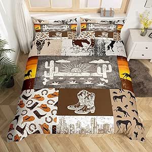 Feelyou Wild West Cowboy Duvet Cover Boho Western Cowboy Comforter Cover Ethnic Tribe Arrow Aztec Bedding Set for Kids Western Cowboy Boots Bedspread Cover Twin Size Durable Bedclothes Zipper