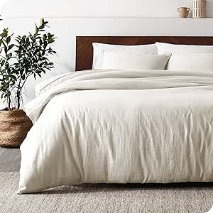 Bare Home Queen Duvet Cover - 100% Linen - Breathable and Durable - Duvet Cover with Pillow Shams (Queen, Soft White)