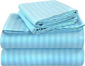 ROYALE LINEN Striped Bed Sheet Set - Brushed Microfiber 1800 Bedding - 1 Fitted Sheet, 1 Flat Sheet, 1 Pillow Case - Wrinkle & Fade Resistant - 3 Piece Damask Stripe Twin Bed Sheet Set (Twin,Lakeblue)