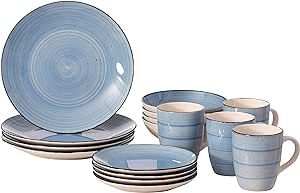 16 PC Spin Wash Dinnerware Dish Set for 4 Person | Mugs, Salad and Dinner Plates and Bowls Sets, Stylish Dishes with Highly Chip and Crack Resistant, Dishwasher and Microwave Safe, Blue. QI004502.BL