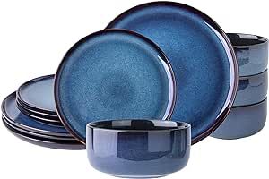 LERATIO Ceramic Dinnerware Sets of 4,Poreclain Plates and Bowls Sets,Handmade Reactive Glaze Dishes Set,Chip Resistant and Scratch Resistant | Oven&Dishwasher & Microwave Safe,Service for 4-Blue