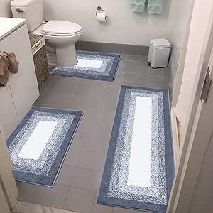Bsmathom Rug Mat Set 3 Piece, Non-Slip Shaggy, Absorbent Microfiber Bath Carpet for Bathroom Floor, Tub and Shower Machine Washable, Dark Grey
