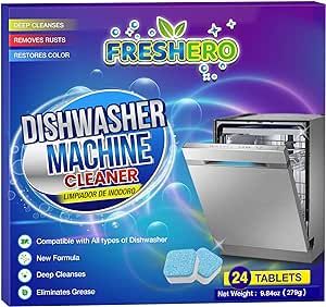 Freshero Dishwasher Cleaner and Deodorizer Tablets Lemon scented 24-Pack Dish washer Cleaning Pods - Deeply Cleans Grimes, Grease, Stain and Build-ups, Leaves Dish washer machine sparkling and fresh