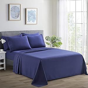 Marina Decoration Ultra Soft Silky Deep Pocket Solid Rayon from Bamboo All Season 4 Pieces Sheet Set with 2 Pillowcases, Navy Blue Color Twin/Single Extra Long Size