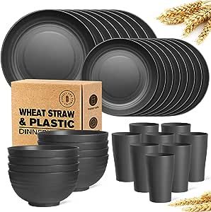 Teivio 32-Piece Kitchen Plastic Wheat Straw Dinnerware Set, Service for 8, Dinner Plates, Dessert Plate, Cereal Bowls, Cups, Unbreakable Plastic Outdoor Camping Dishes, Black