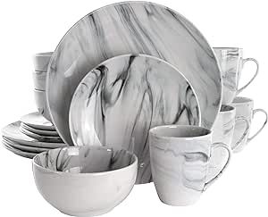 Elama Fine Round Gloss Dinnerware Dish Set, 16 Piece, Black and White Marble