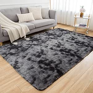 Poboton Shag Area Rugs for Bedroom, Fluffy Rug Plush Living Room, Tie-Dyed Dark Grey Thickened Non-Slip Plush Carpet 3x5 Feet, Indoor Modern Plush Area Rugs, Nursery Shaggy Rugs for Kids Room