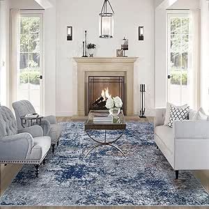 8x10 Area Rugs for Living Room:Large Machine Washable Area Rug with Non Slip Backing Non Shedding Abstract Stain Resistant Carpet for Bedroom Dining Room Nursery Home Office - Blue