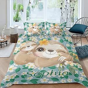 Sloth Jungle Sherpa Fleece Quilt Cover Personalized Name Bedding Set Bedclothes with 1 Duvet Cover + 2 Pillowcases Twin Size
