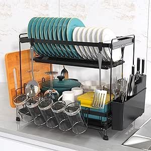 heesky Dish Drying Rack, Multifunctional Dish Rack, Space-Saving Large 2-Tier Dish Drying Rack with Drainboard, Rustproof Dish Racks for Kitchen Counter Drying Rack for Kitchen Sink