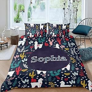 Alpaca Personalized Name Sherpa Fleece Quilt Cover Bedding Set Bedclothes with 1 Duvet Cover + 2 Pillowcases Twin Size