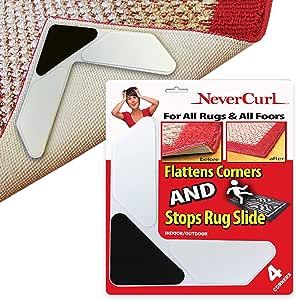 NeverCurl 4pk Rug Corner Grippers - Instantly Flattens Rug Corners Stops Slipping, Stiff Layer Prevent Curling, Renewable Carpet Gripper Sticky Gel, Easy Lift Design to Clean Under Rugs, Carpet Tape