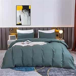 Levoo 100% Linen Duvet Cover Queen Set 3 Pcs Washed French Natural Flax Duvet Cover Soft Breathable Comfy Linen Bedding Set with 1 Duvet Cover Linen 2 Linen Pillowshams (Queen, Green)