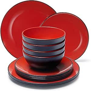 TP 12-Piece Dinnerware Set, Melamine Dishes Set with Bowls and Plates, Dinner Service for 4, Non-breakable and Lightweight, Matt Black and Red