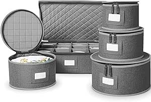Woffit China Storage Containers Set, Upgraded, Hard Shell and Stackable, for Dinnerware Storage and Transport, Protects Dishes Cups and Mugs, Felt Plate Dividers Included (Gray, 5 Piece Quilted Set)