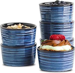 Hasense 6 oz Ramekins for Baking,Ceramic Souffle Dish Oven Safe Set of 6,Porcelain Dipping Sauce Bowls for Pudding, Creme Brulee, Souffle, Serving Dip, Custard, Ice Cream(Blue)