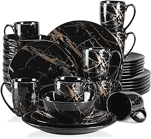 Dishes Set for 8, 32 Piece Porcelain Dinnerware Sets Black Plates and Bowls Set, Gold Splash Glaze Round Dinner Plates, LOVECASA, Stylish and Modern Plates and Bowls Set with Mugs, Black