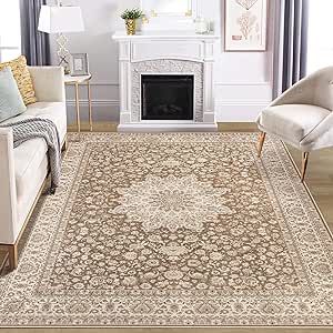 Washable Rug Living Room Rugs: 8x10 Area Rugs Large Machine Washable Non Slip Carpet Soft Floral Luxury Thin Carpets for Dining Room Bedroom Farmhouse Nursery Home Office Brown Beige