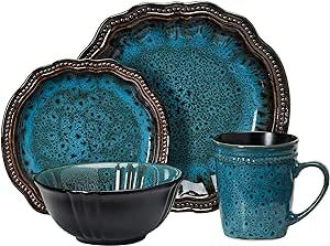 Elama Stoneware Round Oval Dinnerware Dish Set, Ocean Blue