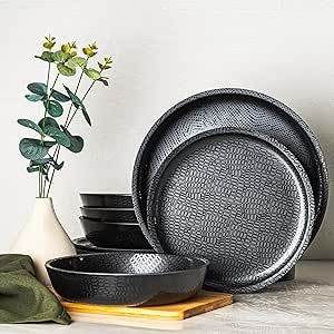 bzyoo 12 Piece Melamine Dinnerware Set - Durable, Dishwasher Safe Black Plates and Bowls - Casual Dining, Parties, Camping Dish Set Mono Black Collection