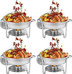 HORESTKIT 4 Packs 5 QT Round Chafing Dishes Stainless Steel Foldable Chafers and Buffet Warmers Sets w/Water Pan, Food Pan, Fuel Holder and Lid