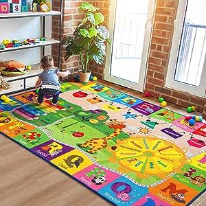 Kids Rug Play Mat Carpet Educational and Fun Playmat with ABC Alphabet Animals Shapes Colors 4x6 Area Rug Learning and Safe Rugs for Bedroom Playroom Classroom Baby Toddler Children Play Game Activity