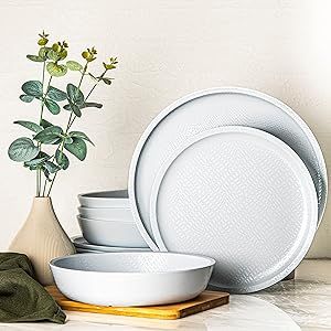bzyoo 12 Piece Melamine Dinnerware Set - Durable, Dishwasher Safe White Plates and Bowls - for Casual Dining, Parties Dish Set, White Mono Collection
