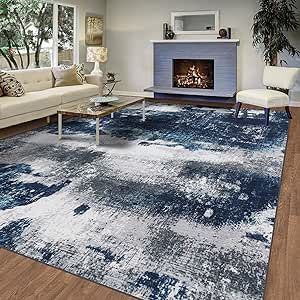Area Rug Living Room Rugs: 5x7 Large Soft Bedroom Carpet Non Shedding Washable Abstract Modern Throw Accent Rug for Dining Room Home Office Kitchen Under Table Floor - Blue