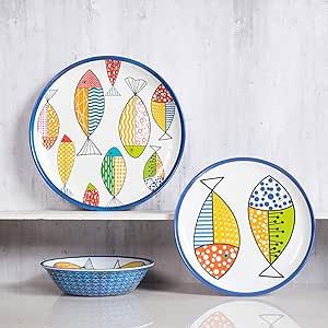 Melamine Dinnerware set for 4, Plates and Bowls Sets, Great for Camper, RV, Indoors Outdoors Use with Ocean Printed, Unbreakable
