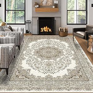 Area Rug Living Room Rugs: 8x10 Washable Boho Carpet for Bedroom Under Dining Table Large Farmhouse Floral Distressed Indoor Non Slip Decor Home Office Nursery - Beige