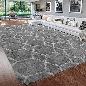BSTLUV Fluffy Shag 6x9 Area Rugs for Living Room,Gray Soft Fuzzy Faux Fur Rug for Bedroom,Playroom,Nursery,Kids Room,Dorm,Office,Large Indoor Plush Carpet,Alfombras para Salas,Grey and White